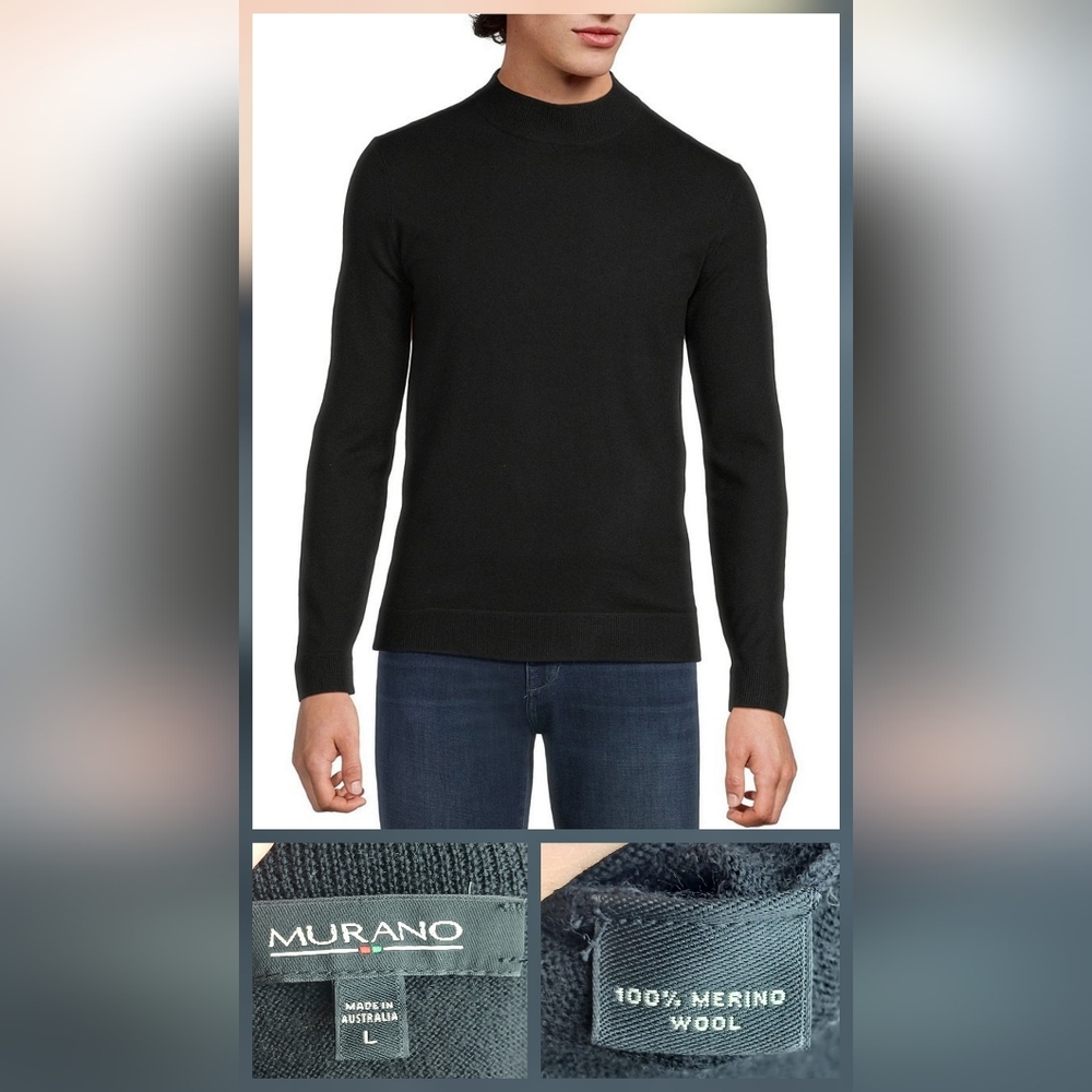 Murano Men's Turtleneck Sweater in Black 100% Merino Wool Large Quiet Luxury